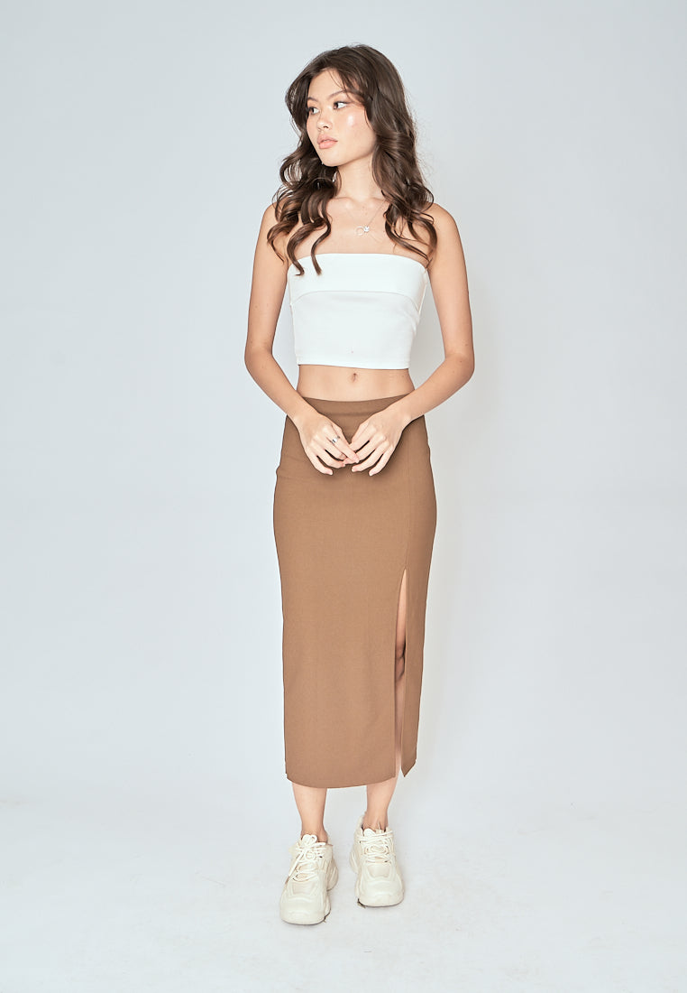 Kally Brown Straight Cut Side Slit Midi Skirt