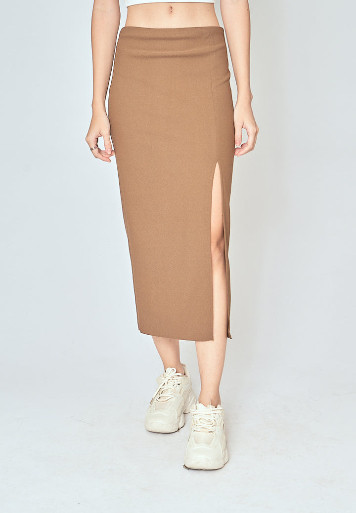 Kally Brown Straight Cut Side Slit Midi Skirt