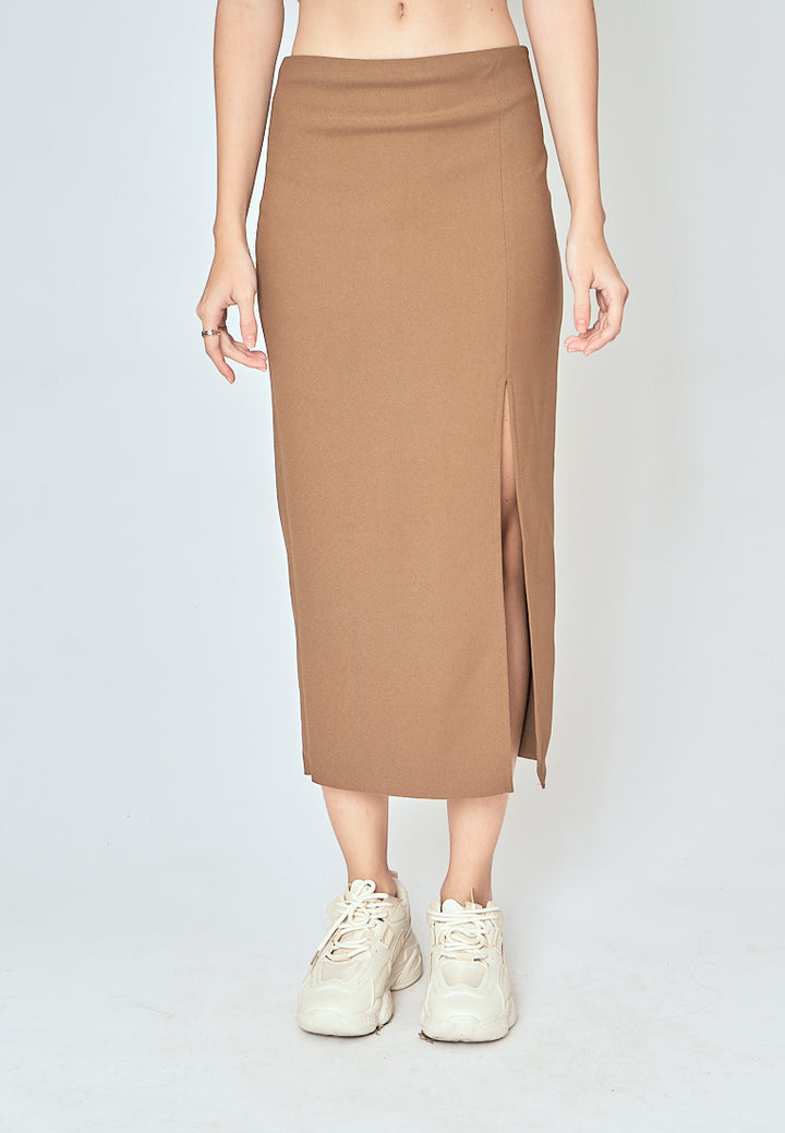 Kally Brown Straight Cut Side Slit Midi Skirt