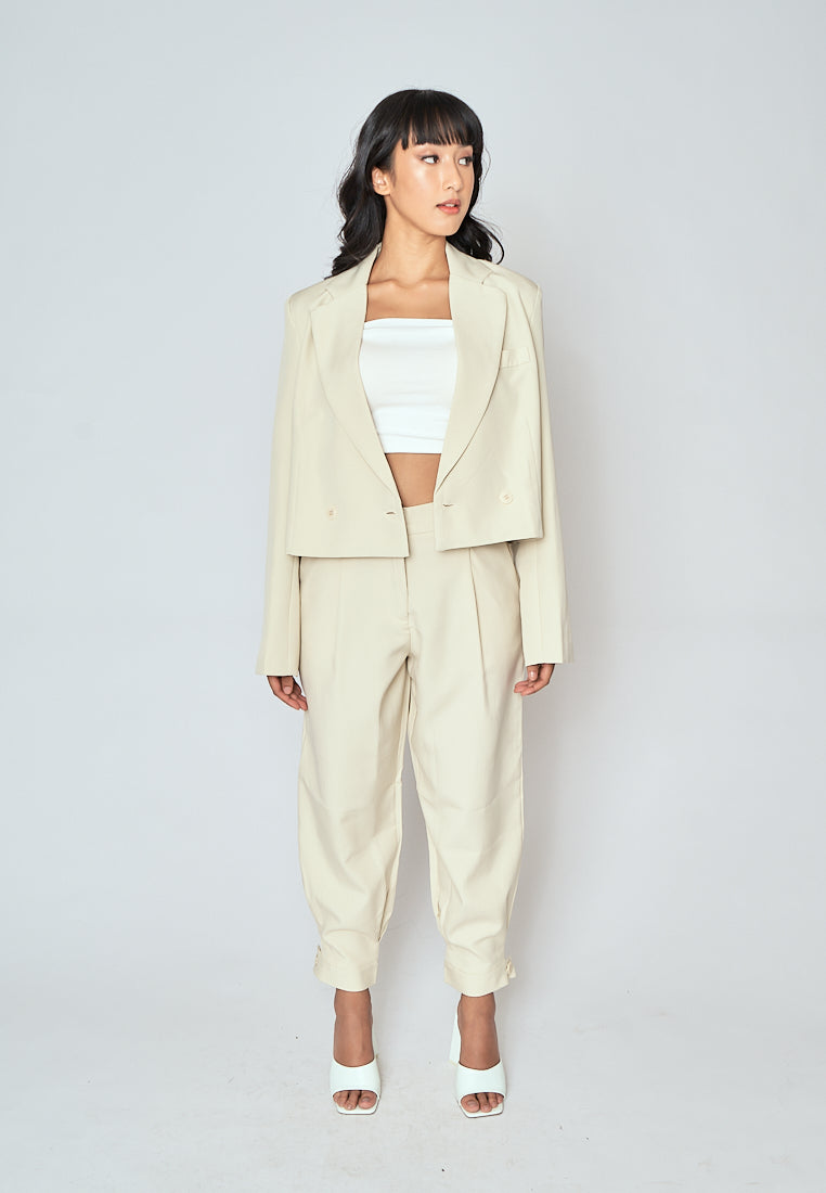 Cockey Beige Zipper Fly Pleated Casual Trouser Pants