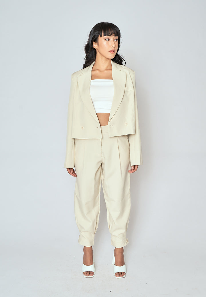 Cockey Beige Zipper Fly Pleated Casual Trouser Pants