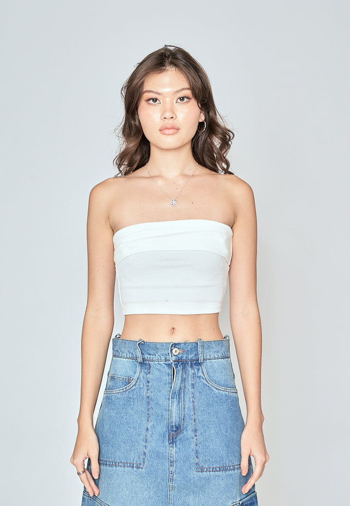 Nisha White Knitted Folded Neckline Tube Top