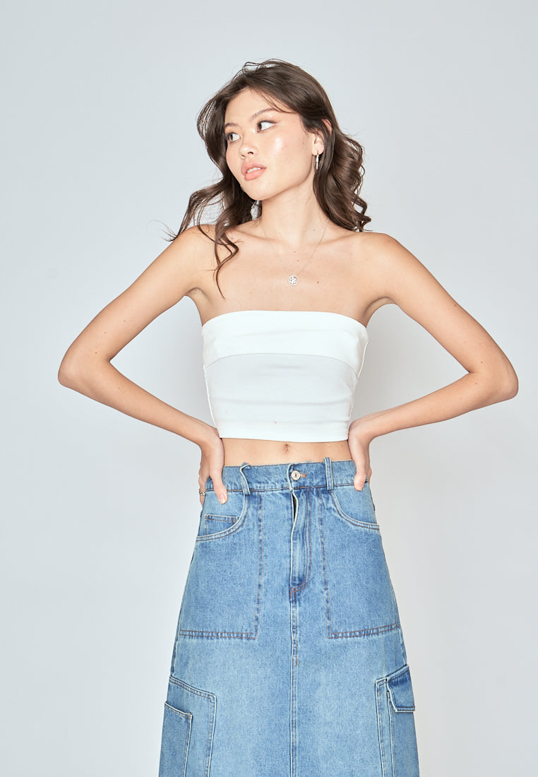 Nisha White Knitted Folded Neckline Tube Top