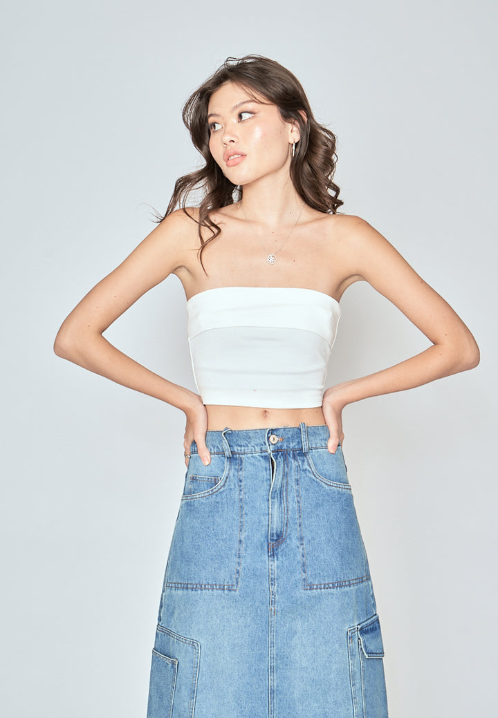 Nisha White Knitted Folded Neckline Tube Top