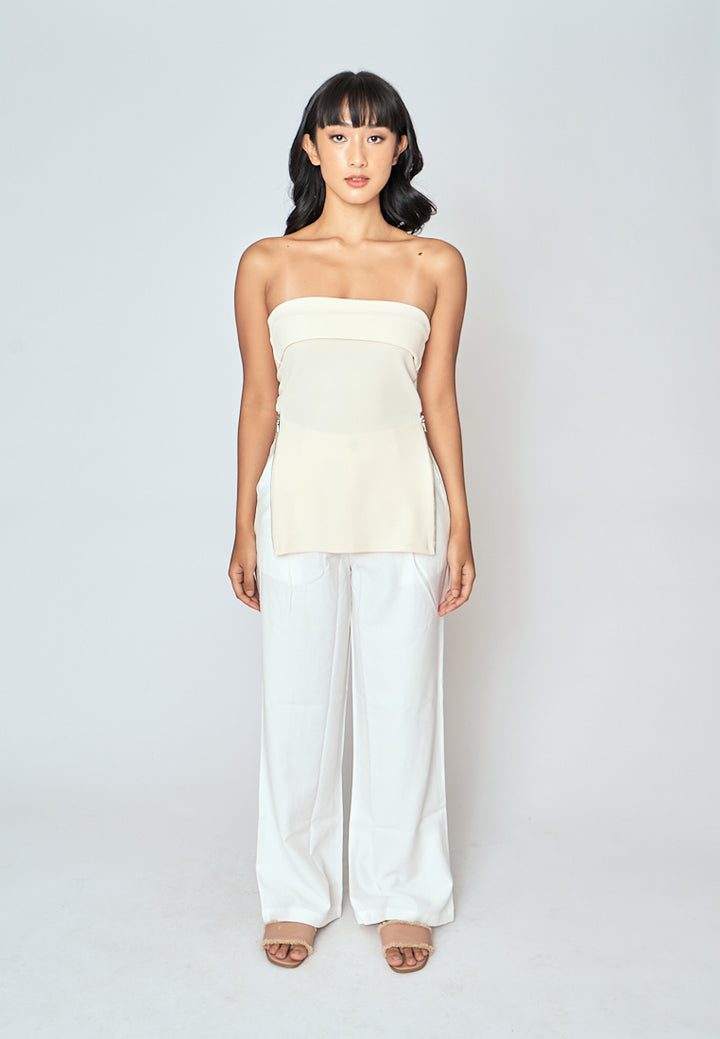 Azra Cream Folded Neckline Side Zippers Sleeveless Tube Top