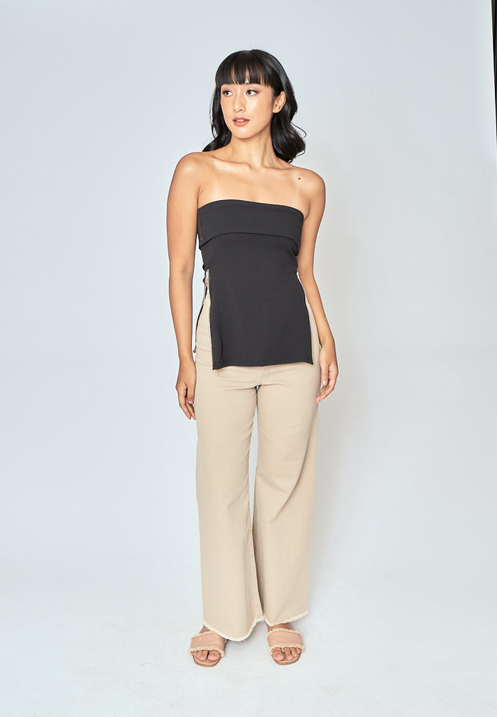 Azra Black Folded Neckline Side Zippers Sleeveless Tube Top