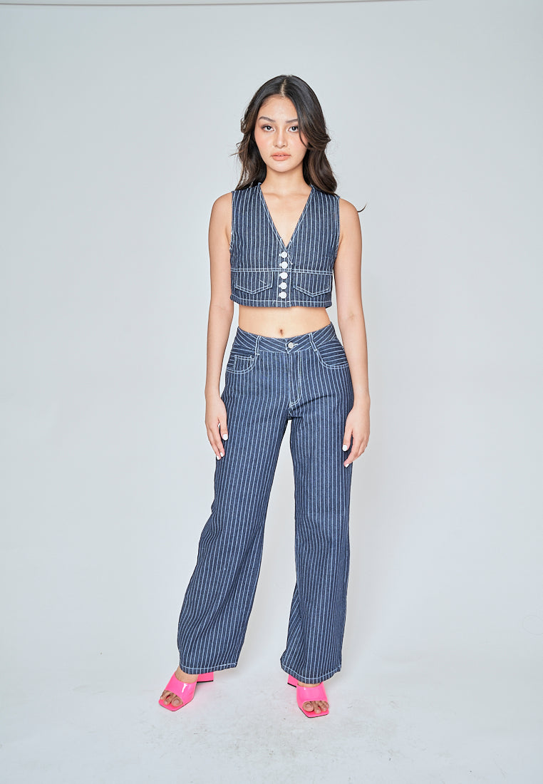 Kurt Blue Denim Striped Zipper Fly With Side Pockets Pants