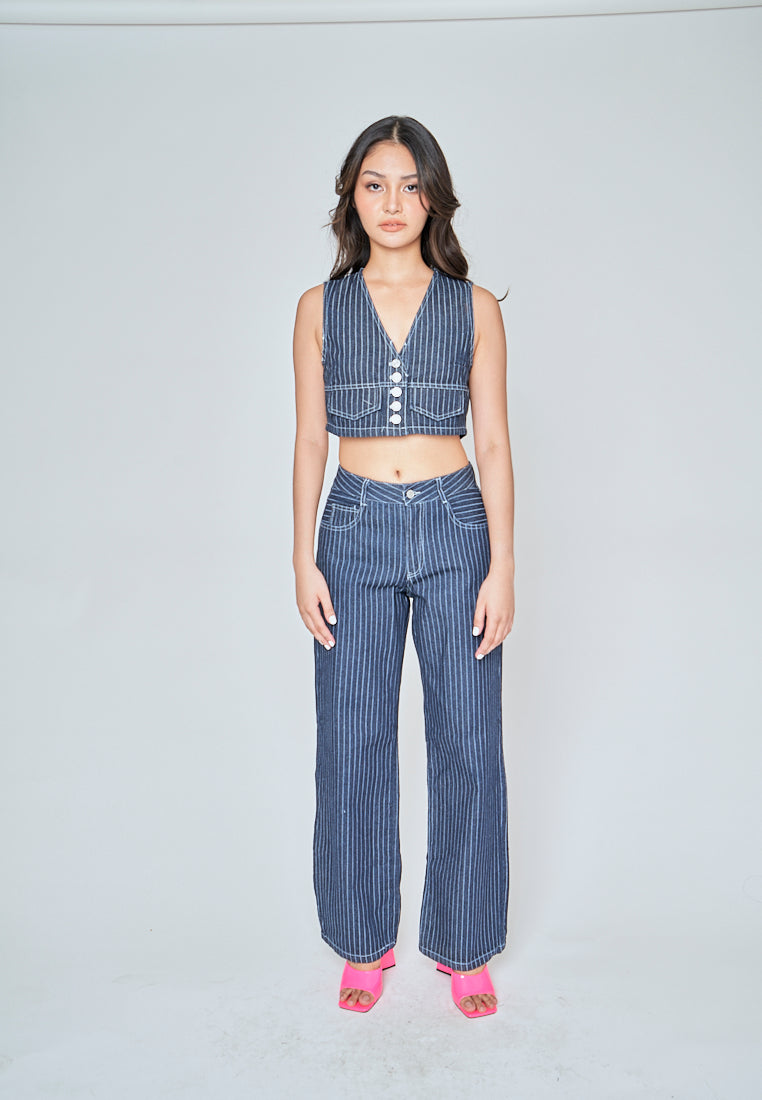 Kurt Blue Denim Striped Zipper Fly With Side Pockets Pants