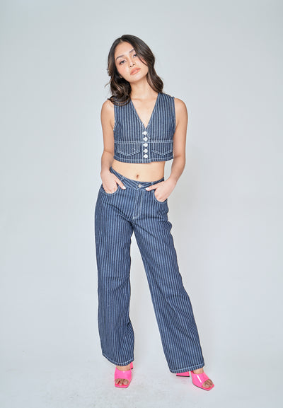 Kurt Blue Denim Striped Zipper Fly With Side Pockets Pants