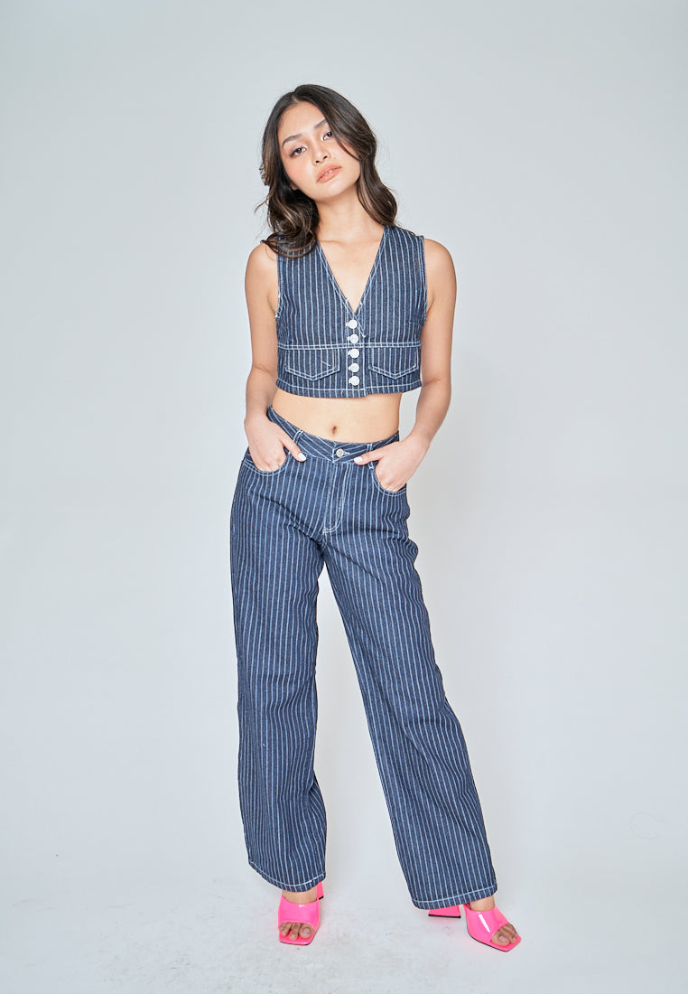 Kurt Blue Denim Striped Zipper Fly With Side Pockets Pants