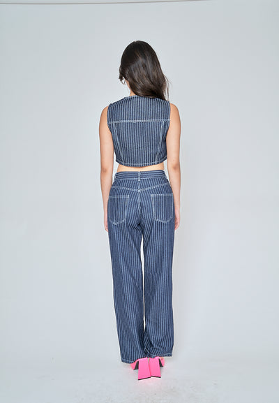 Kurt Blue Denim Striped Zipper Fly With Side Pockets Pants