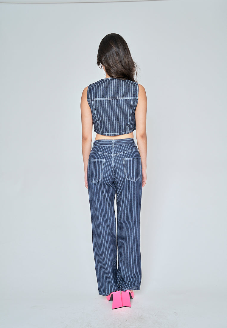 Kurt Blue Denim Striped Zipper Fly With Side Pockets Pants