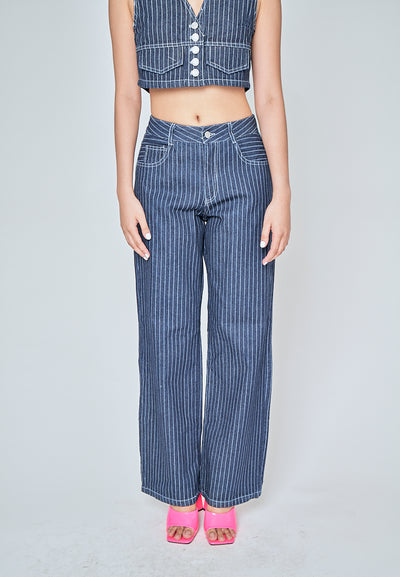 Kurt Blue Denim Striped Zipper Fly With Side Pockets Pants