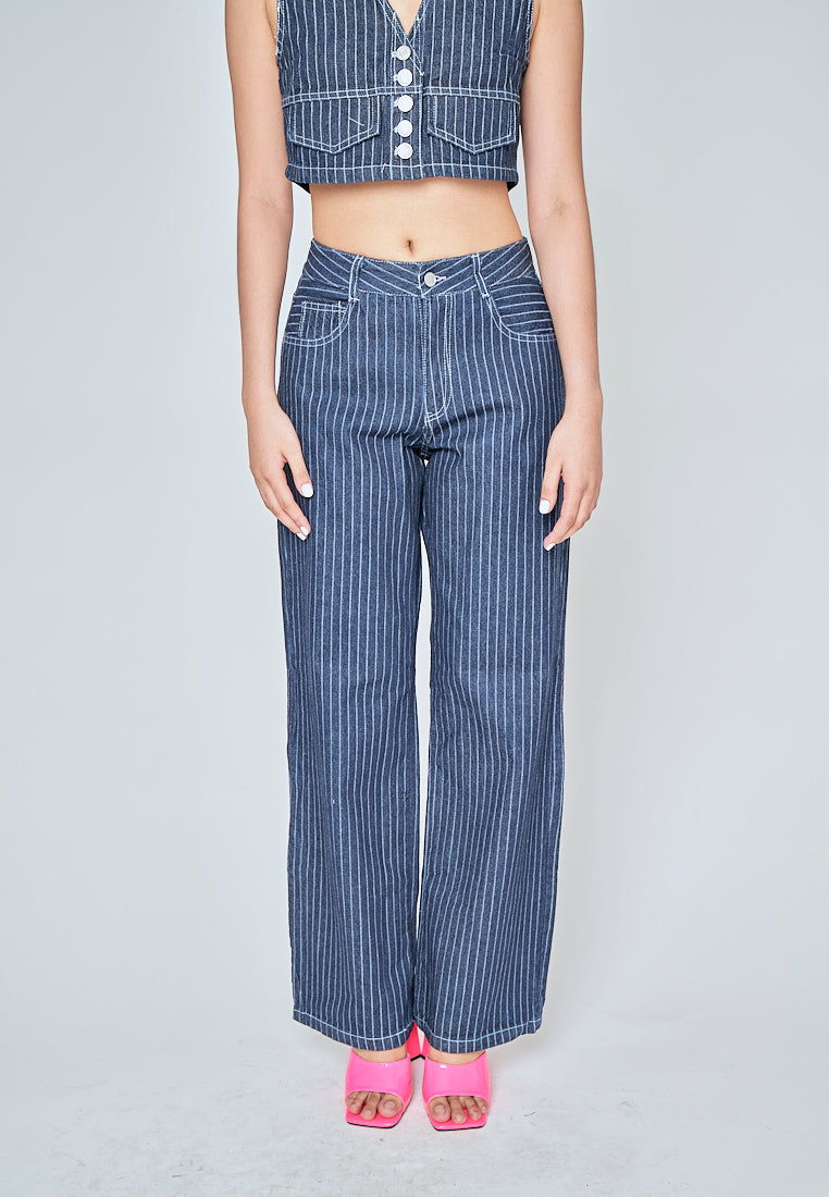 Kurt Blue Denim Striped Zipper Fly With Side Pockets Pants