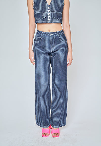 Kurt Blue Denim Striped Zipper Fly With Side Pockets Pants