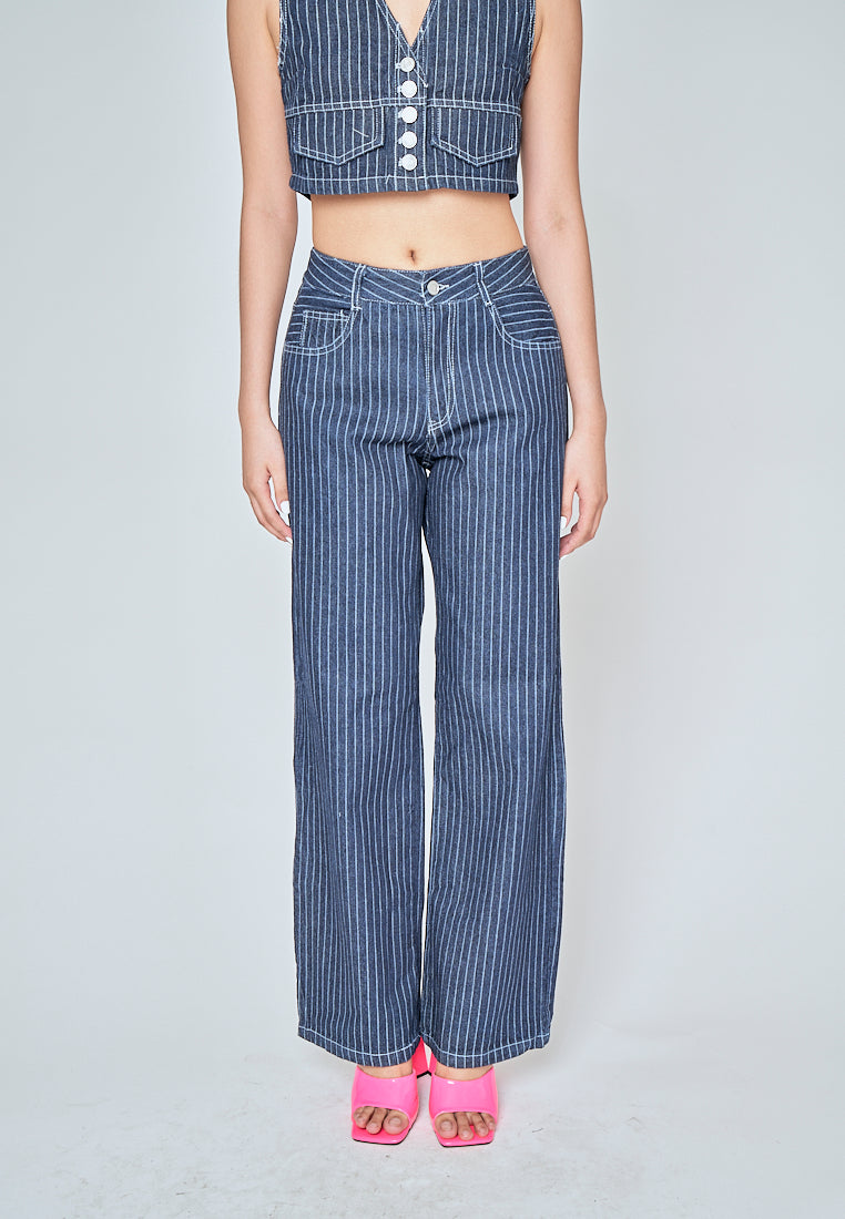 Kurt Blue Denim Striped Zipper Fly With Side Pockets Pants