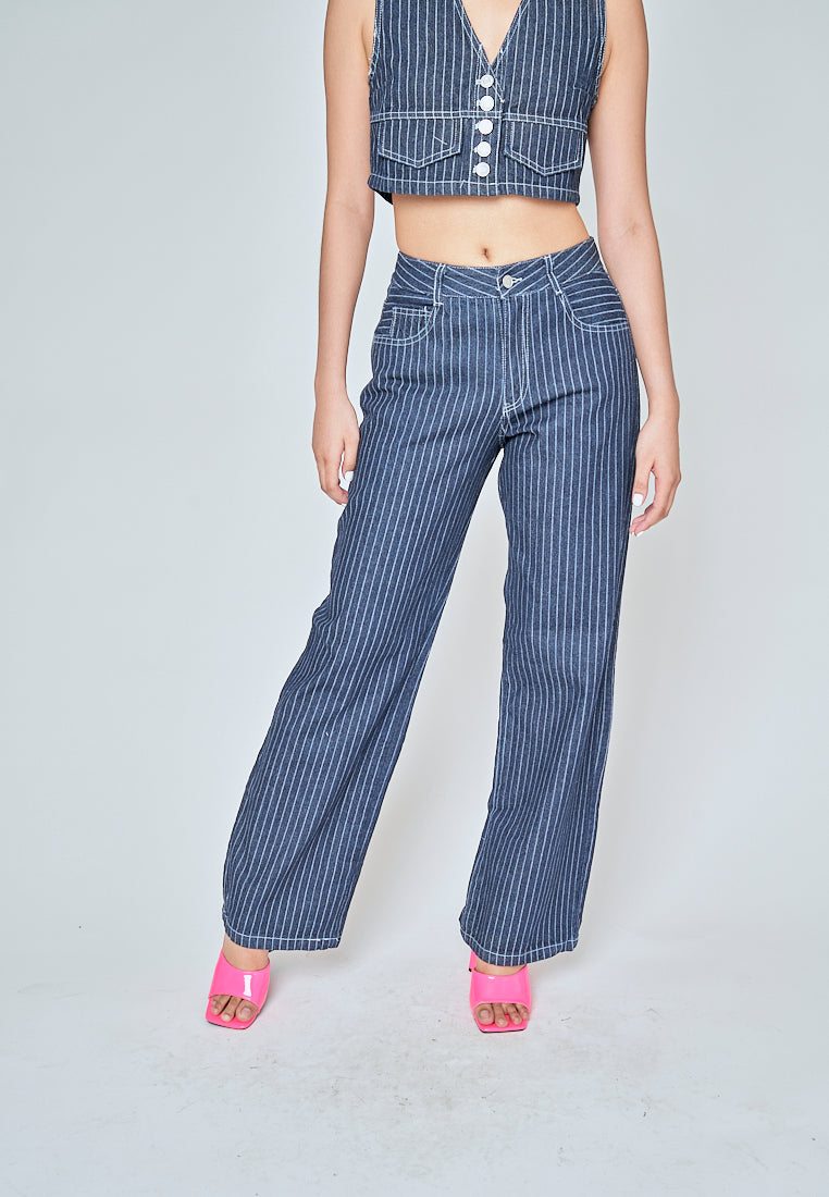 Kurt Blue Denim Striped Zipper Fly With Side Pockets Pants
