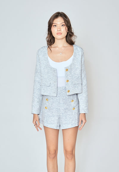 Clark  Blue and White Tweed Zipper Fly with Front Buttons Casual Shorts