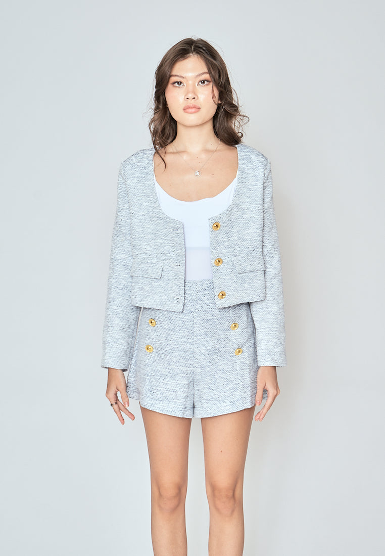 Clark  Blue and White Tweed Zipper Fly with Front Buttons Casual Shorts