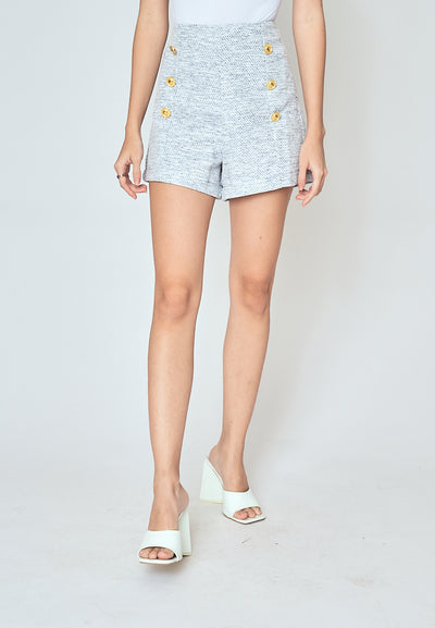 Clark  Blue and White Tweed Zipper Fly with Front Buttons Casual Shorts