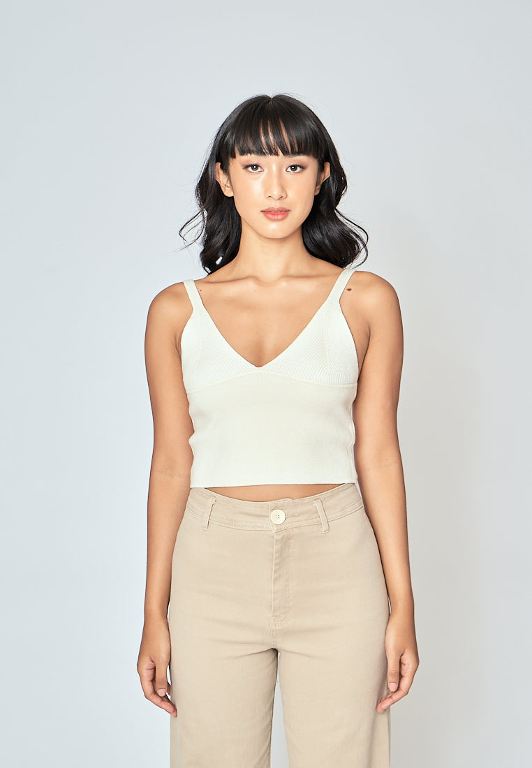 Denali Cream V Neck Lined Under Bust Knitted Crop Tank Top