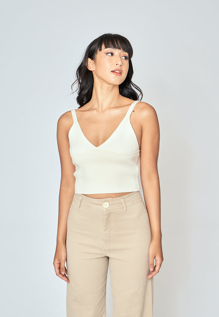 Denali Cream V Neck Lined Under Bust Knitted Crop Tank Top