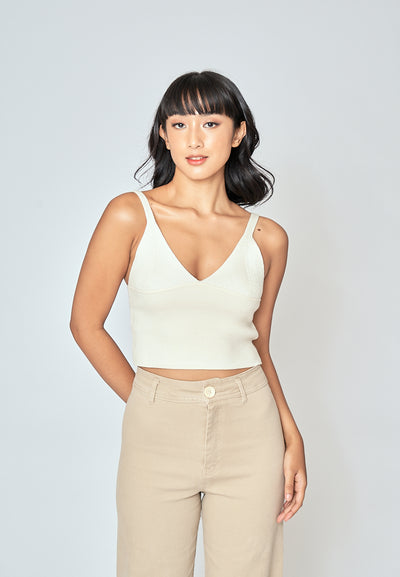 Denali Cream V Neck Lined Under Bust Knitted Crop Tank Top