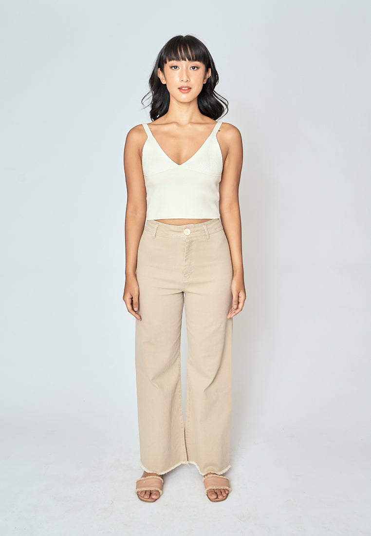 Denali Cream V Neck Lined Under Bust Knitted Crop Tank Top