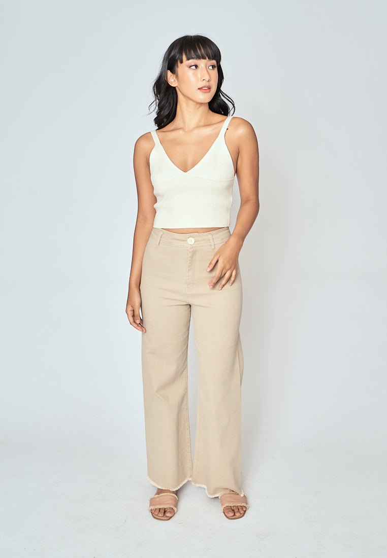 Denali Cream V Neck Lined Under Bust Knitted Crop Tank Top