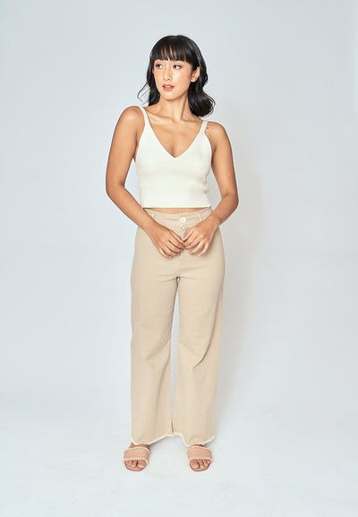 Denali Cream V Neck Lined Under Bust Knitted Crop Tank Top