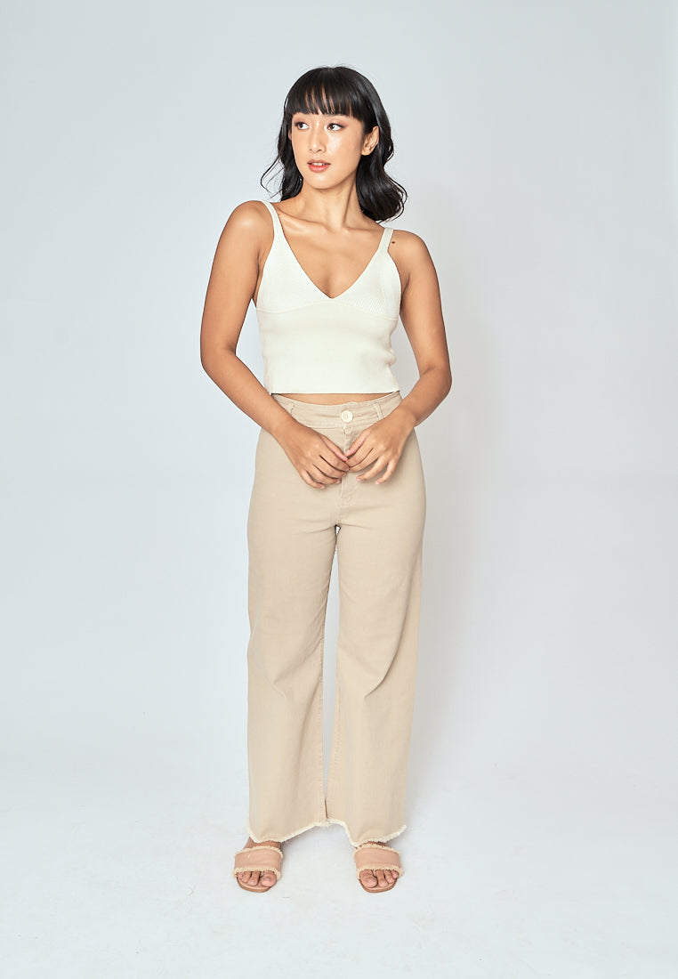 Denali Cream V Neck Lined Under Bust Knitted Crop Tank Top