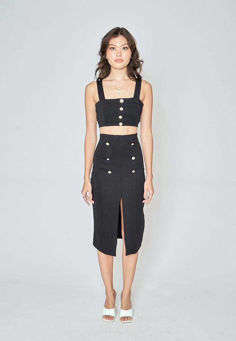 Vaughn Black Side Zipper Front Slit Casual Midi Skirt