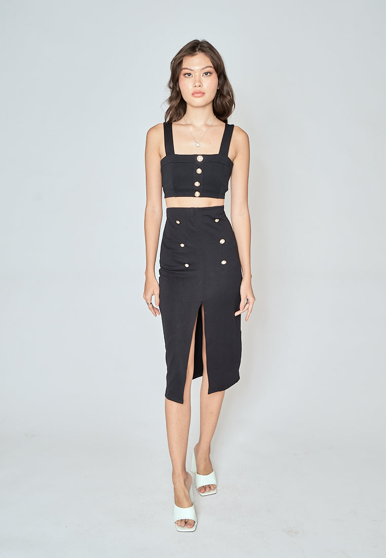 Vaughn Black Side Zipper Front Slit Casual Midi Skirt