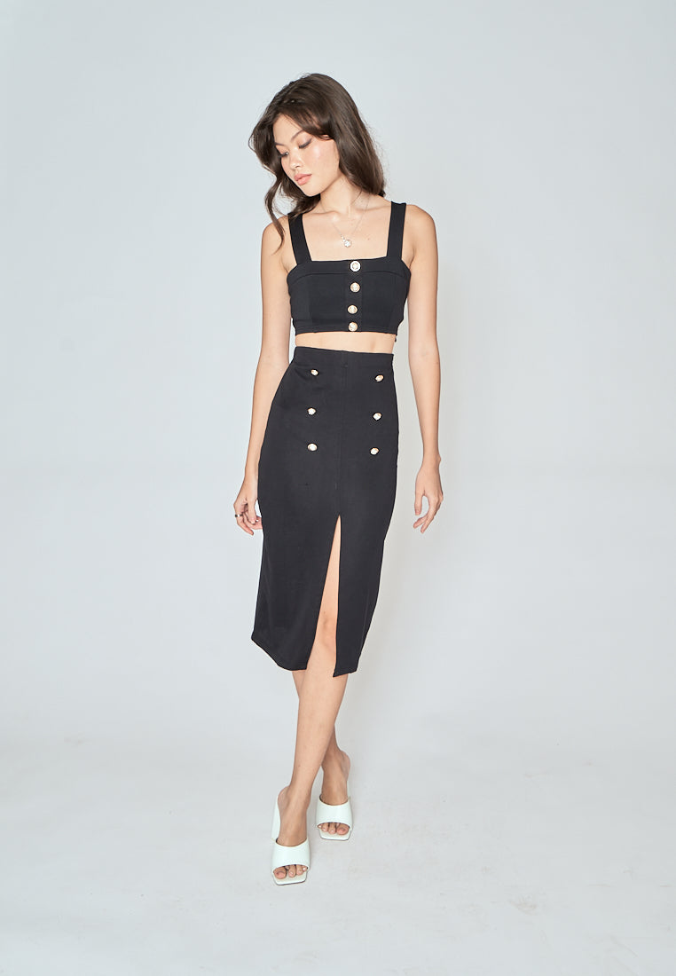 Vaughn Black Side Zipper Front Slit Casual Midi Skirt