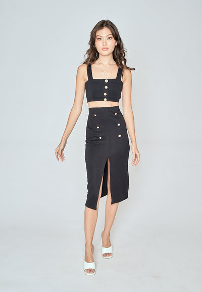 Vaughn Black Side Zipper Front Slit Casual Midi Skirt