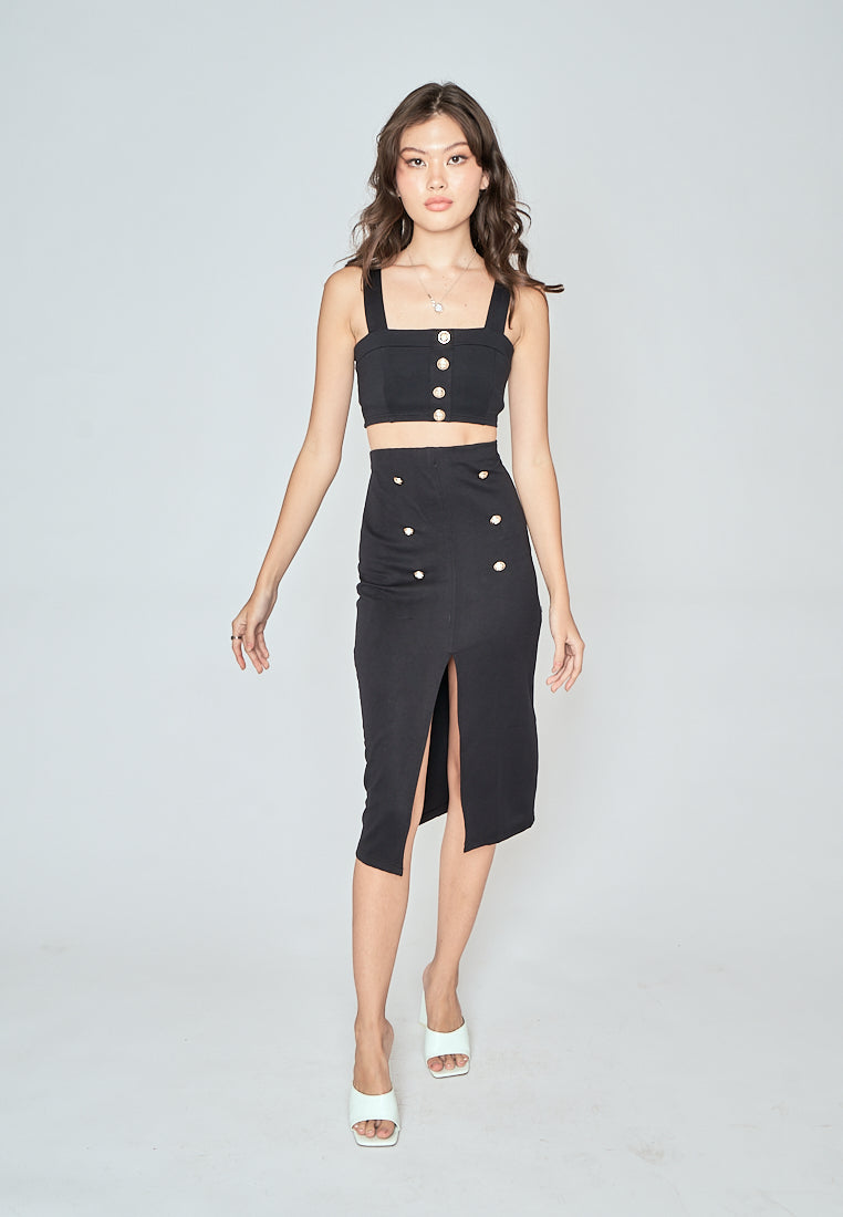 Vaughn Black Side Zipper Front Slit Casual Midi Skirt