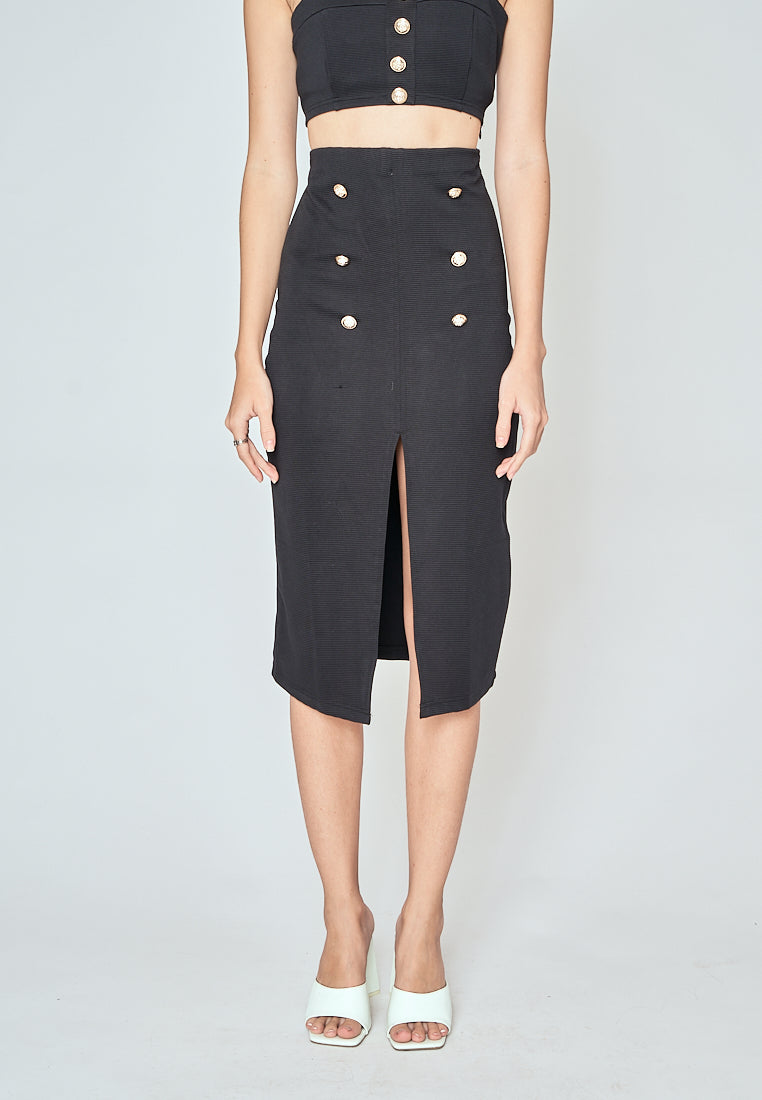 Vaughn Black Side Zipper Front Slit Casual Midi Skirt