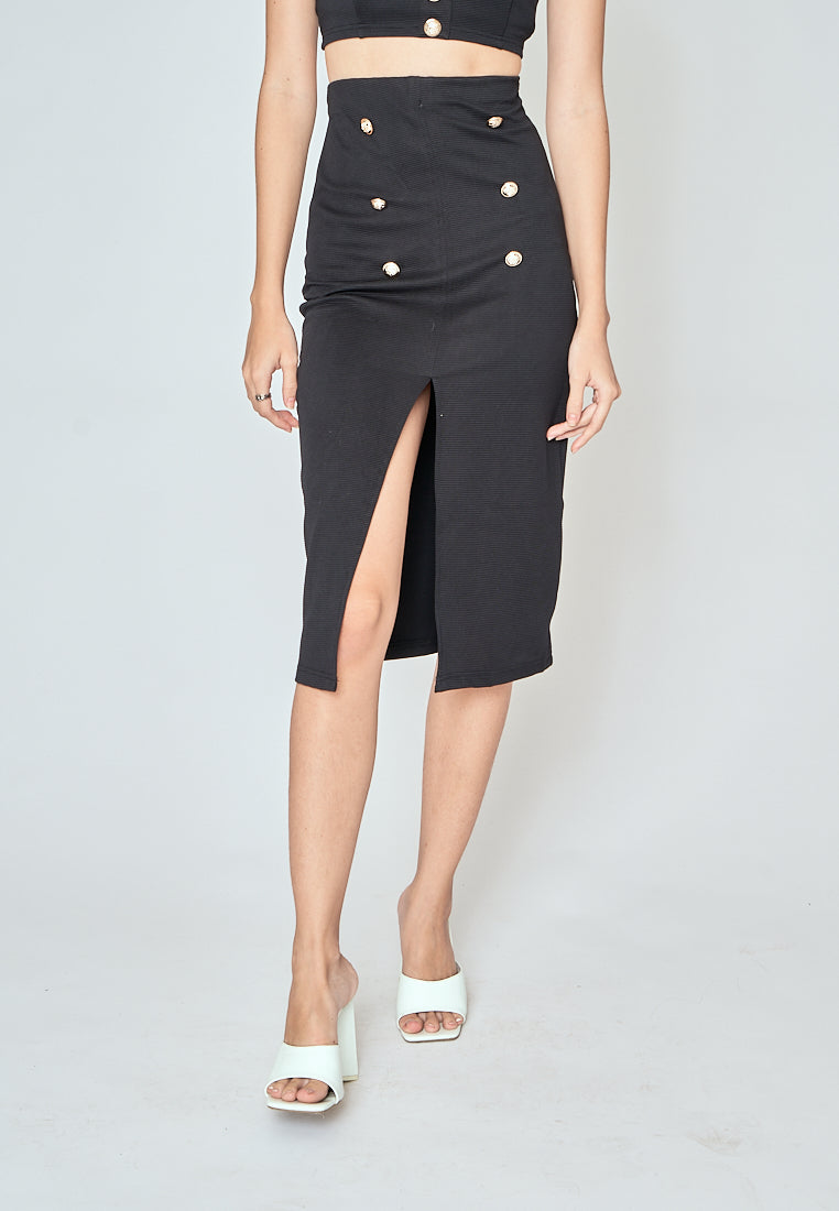 Vaughn Black Side Zipper Front Slit Casual Midi Skirt