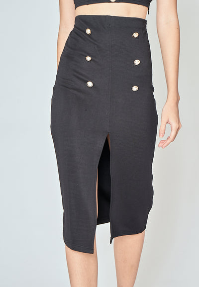 Vaughn Black Side Zipper Front Slit Casual Midi Skirt