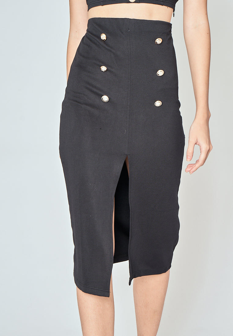 Vaughn Black Side Zipper Front Slit Casual Midi Skirt