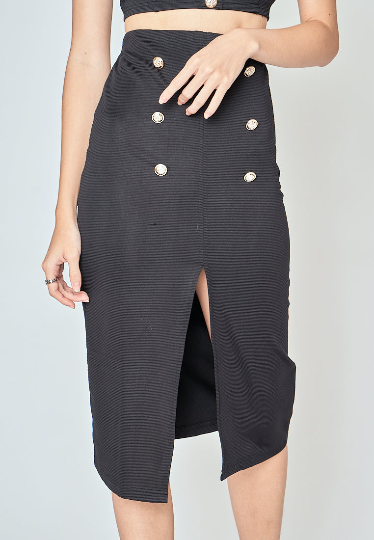 Vaughn Black Side Zipper Front Slit Casual Midi Skirt
