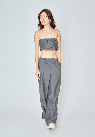 Beaumont Gray Elastic Waist Side Pockets Straight Cut Pants