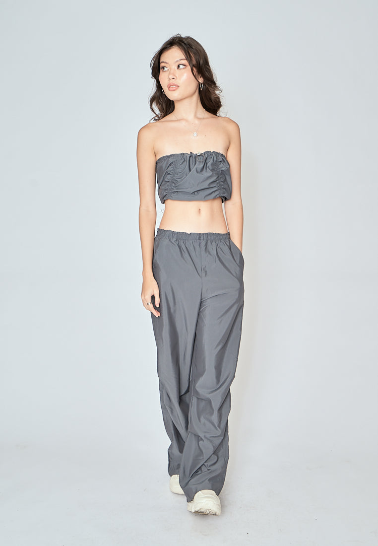 Beaumont Gray Elastic Waist Side Pockets Straight Cut Pants