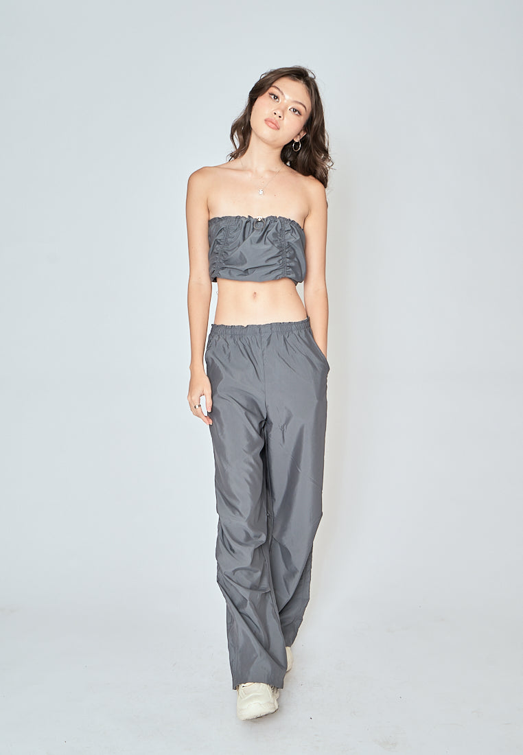 Beaumont Gray Elastic Waist Side Pockets Straight Cut Pants