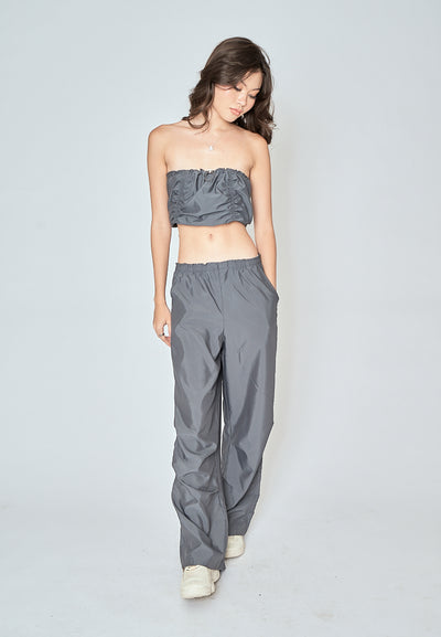 Beaumont Gray Elastic Waist Side Pockets Straight Cut Pants