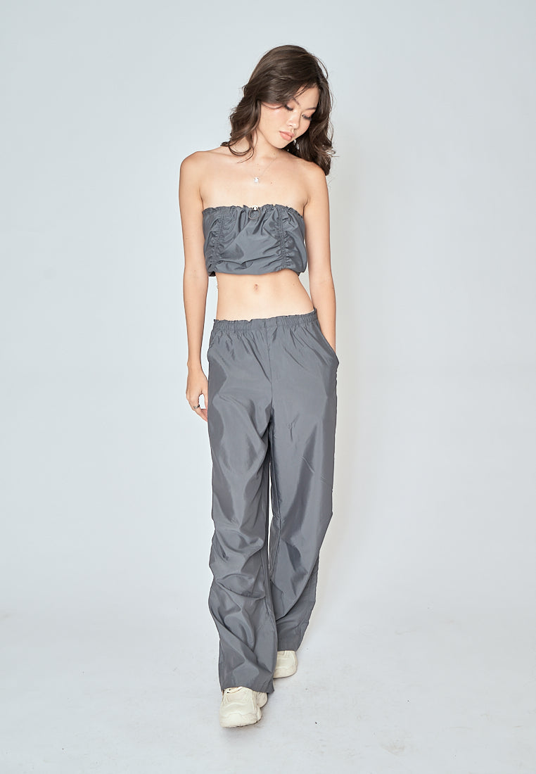 Beaumont Gray Elastic Waist Side Pockets Straight Cut Pants