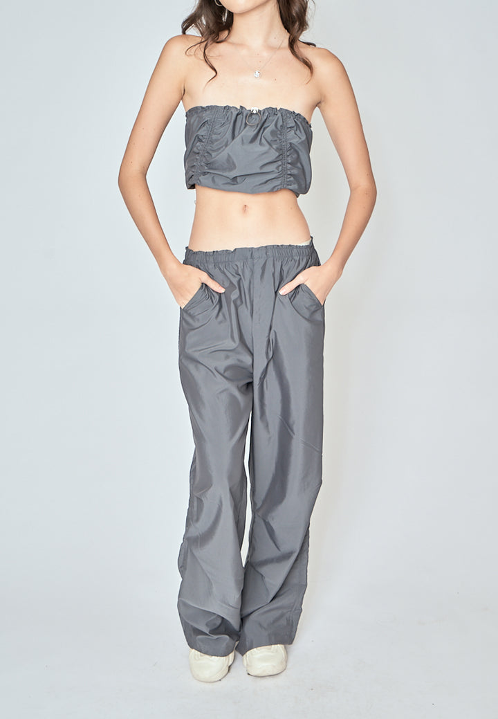 Beaumont Gray Elastic Waist Side Pockets Straight Cut Pants
