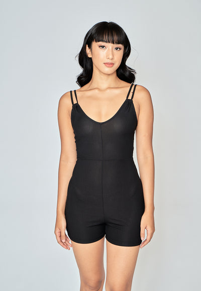 Yelle Black Knitted V Neck Double Strap Sleeveless Unitard Romper