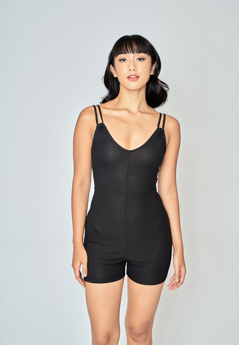 Yelle Black Knitted V Neck Double Strap Sleeveless Unitard Romper