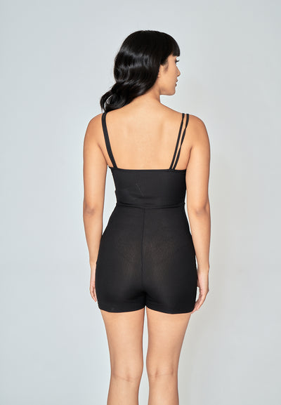 Yelle Black Knitted V Neck Double Strap Sleeveless Unitard Romper